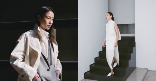 Left image: A model walks with her hands in her pockets while wearing a silk blouse with a high neck, a soft grey tailored blazer and a chic beige trench coat with the collars popped; right image: An elegant model walks down a flight of glossy black stairs which contrast against her flowy silk outfit consisting of a white sleeveless blouse and flowy white skirt paired with pointed white flats.