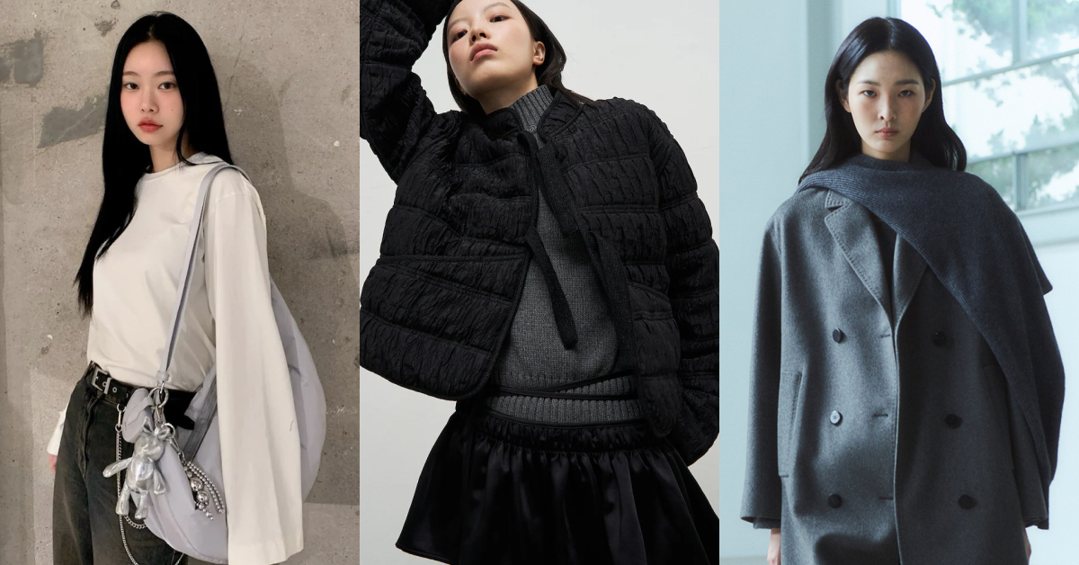 Left image: A woman in a white shirt holds onto a metallic silver shoulder bag adorned with Juun.J keychains, middle image: A woman poses in a textured black Anggae jacket and grey turtle neck, right image: A woman poses in a grey coat designed by Kuho