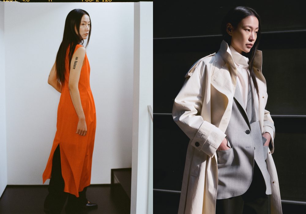 Left image: A model turns to walk up a flight of black stairs while wearing a bright red-orange dress with a small slit at the back; A model walks with her hands in her pockets while wearing a silk blouse with a high-neck, a soft grey tailored blazer and a chic beige trench coat with the collars popped.