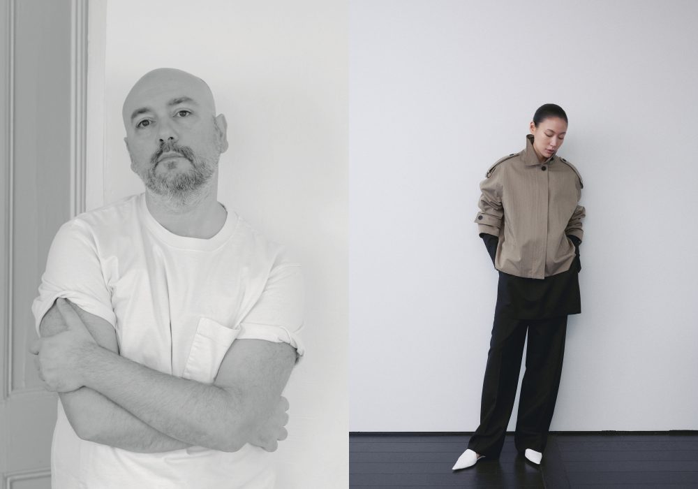 Left image: Fashion designer Francesco Fucci stands in front of a white wall with his arms crossed while wearing a plain white tee with a pocket on the front; Right image: A model poses in front of a white wall while looking down at the black wooden floor with her hands in her pockets. She wears a stylish cropped trench coat with straight leg trousers and pointed white shoes.