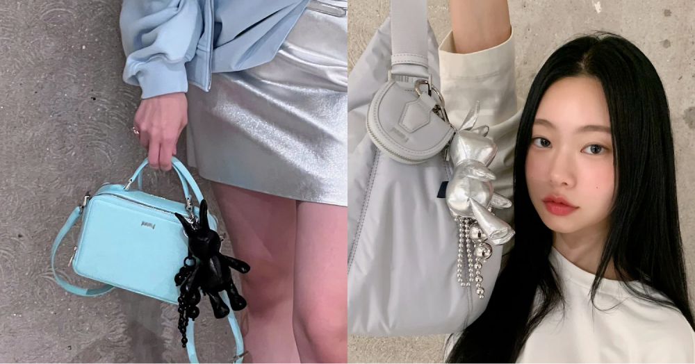 Left image: A woman holds a small purse adorned with a black rabbit keyring and wears a silver mini skirt. Right image: a woman holds up a small handbag next to her face with a silver rabbit reychain attached to it