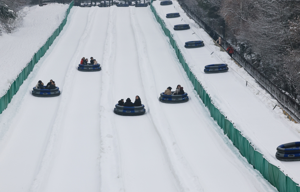 A wide-angle view of groups riding inflatable sleds down the Express Course at Everland, featuring long snowy tracks lined with green safety barriers under a snowy winter landscape.