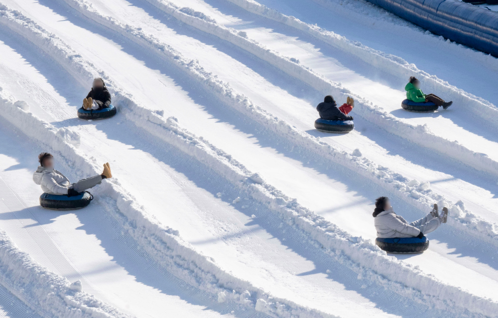 Close-up of visitors sliding down the Racing Course at Everland on inflatable tubes, showcasing their excitement as they glide over the well-groomed snowy slopes.