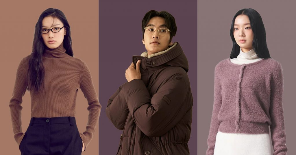 A triptych of three models in brown and plum tones, each set against a color-matched background, showcasing earthy and cozy fashion styles.