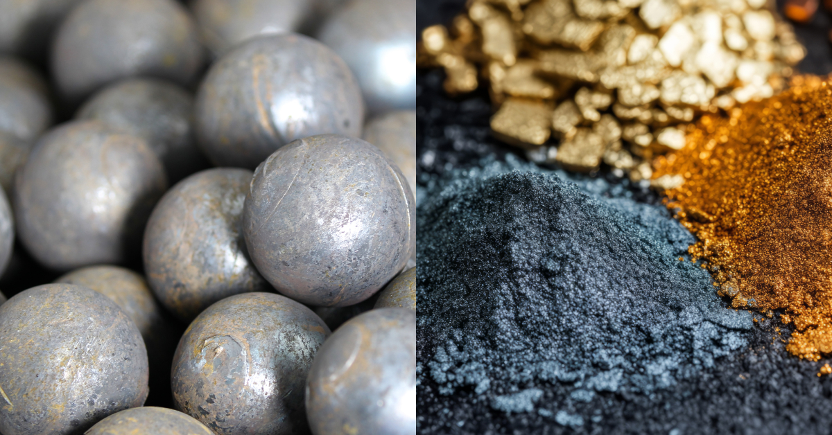 Close-up of polished steel grinding balls on the left and finely ground mineral ores in gold, blue, and orange hues on the right, representing the grinding process in mineral ore processing.