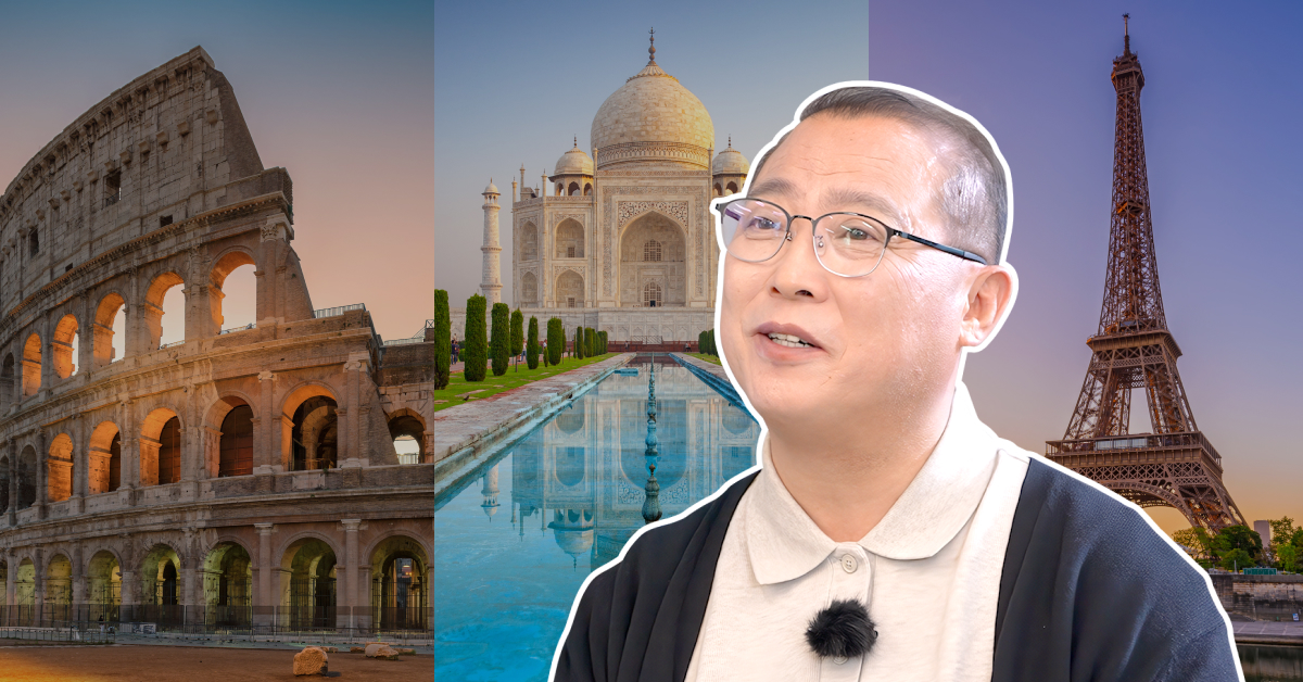 Samsung C&T geotechnical engineering expert Park Wan-seo speaks in front of a collage featuring the Colosseum, Eiffel Tower, and Taj Mahal, highlighting ancient engineering influences on modern construction.