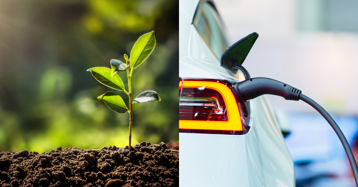 A split image showing a green plant growing from rich soil on the left, symbolizing nature and agriculture. On the right, an electric vehicle is plugged into a charging station, representing clean energy and modern transportation.