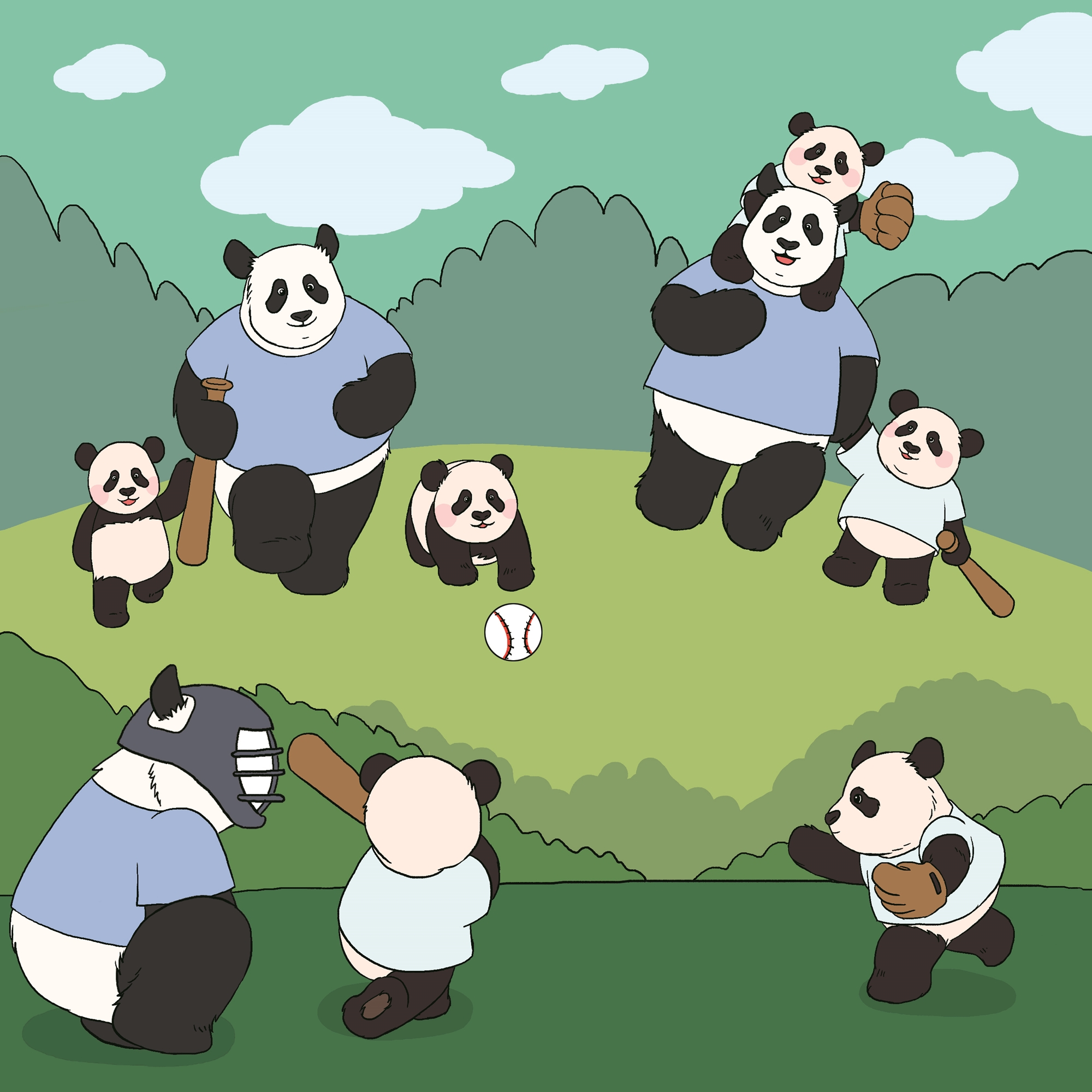 An illustration of a group of pandas dressed in light blue baseball uniforms practice playing baseball on a grassy field, with some holding bats and others catching balls.