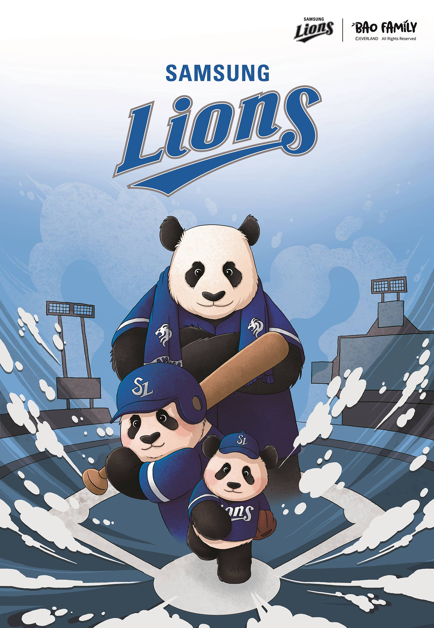 An illustrated promotional image featuring the Bao Family, a group of three pandas, dressed in Samsung Lions baseball uniforms. The pandas are depicted in a dynamic baseball scene, with the largest panda wearing a blue Samsung Lions jersey and scarf, while the smaller pandas are in baseball uniforms, one holding a bat and the other running. The background showcases a baseball stadium with bright lighting effects and splashes of movement, emphasizing the action.