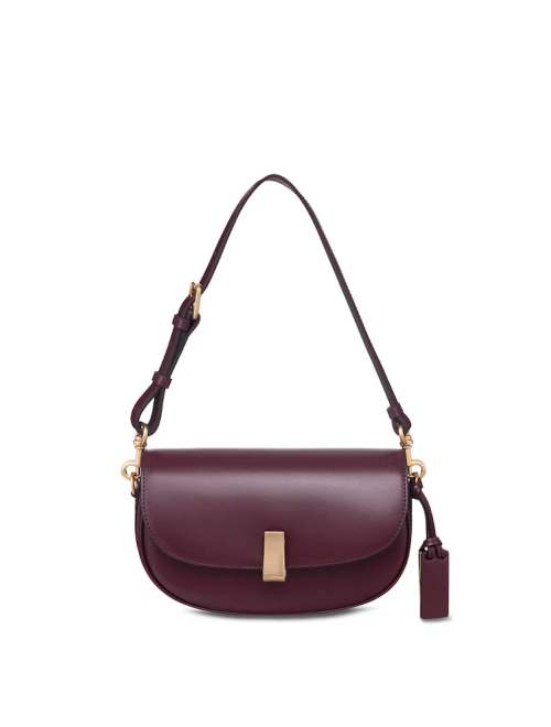 A structured burgundy leather shoulder bag with a gold clasp and an adjustable strap.