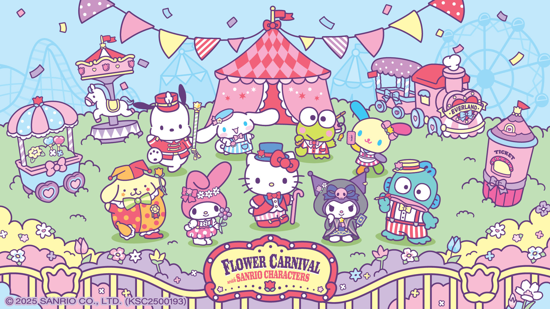 Illustrated Sanrio Characters are smiling together in a grass field at a Flower Carnival surrounded by carnival items like a circus tent, a ticket stand, a train, a merry-go-round, and a candy stand. The image gives a cute vibe with pastel pinks, purples, blues and yellows.