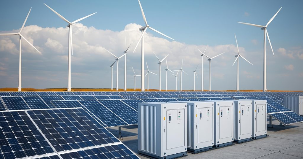 Solar panels and wind turbines in a renewable energy farm with battery energy storage systems (BESS) in the foreground under a clear blue sky.