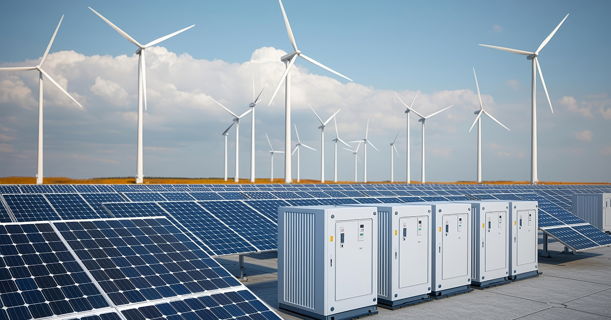 Solar panels and wind turbines in a renewable energy farm with battery energy storage systems (BESS) in the foreground under a clear blue sky.