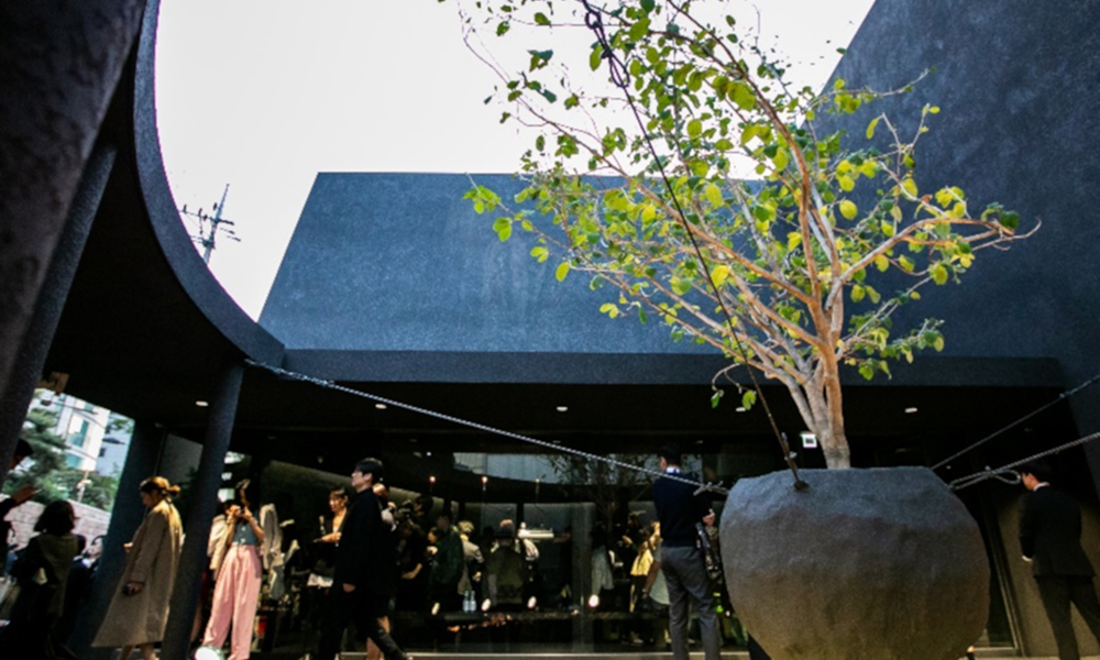 The central courtyard of Juun.J's Dosan Park flagship store, featuring a modern outdoor space with a tree and seating area.