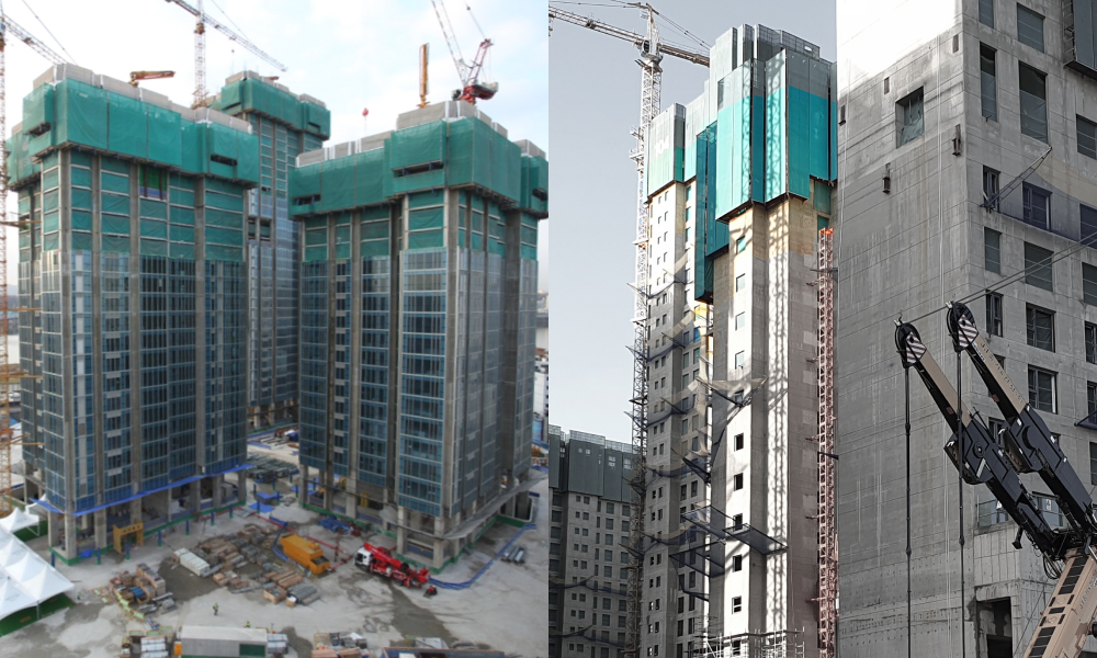 A construction site at the Raemian One Bailey apartment complex in Seoul, featuring green vertical safety netting on the building exterior. This netting, designed to prevent debris from falling, is later upcycled into accessories like bags and pouches as part of Samsung C&T E&C Group’s sustainability efforts.