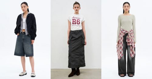 Left image: Model wears a black bomber jacket over a grey hoodie with knee-length denim shorts and loafers; Middle image: Model wears a white graphic T-shirt tucked into a long dark cargo skirt with black boots; Right image: Model wears a light ribbed sweater with dark wide-leg jeans and a plaid shirt tied around the waist.