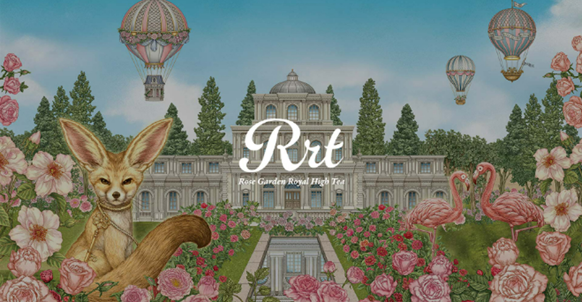 Illustrated scene featuring Dona D. Rosy, a fennec fox, in front of a grand rose-covered palace. Surrounded by roses, flamingos, and hot air balloons, the artwork captures the whimsical charm of Everland’s royal rose-themed event.