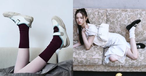 Left image: Korean brand 8 seconds and NEGATIVE THREE; beige sporty Mary Janes with Velcro strap and cushioned sole that have an outdoor aesthetic., Right image: A woman on a vintage floral sofa wears a layered white skirt and a white blouse with black Mary Jane sneakers with a double Velcro strap. The look is accessorized with white socks and a small white bowling bag.
