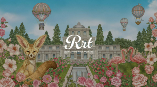 An illustrated visual of Everland’s Rose Garden Royal High Tea, featuring its signature desert fox mascot, flamingos, and hot air balloons against the backdrop of the Rose Castle.