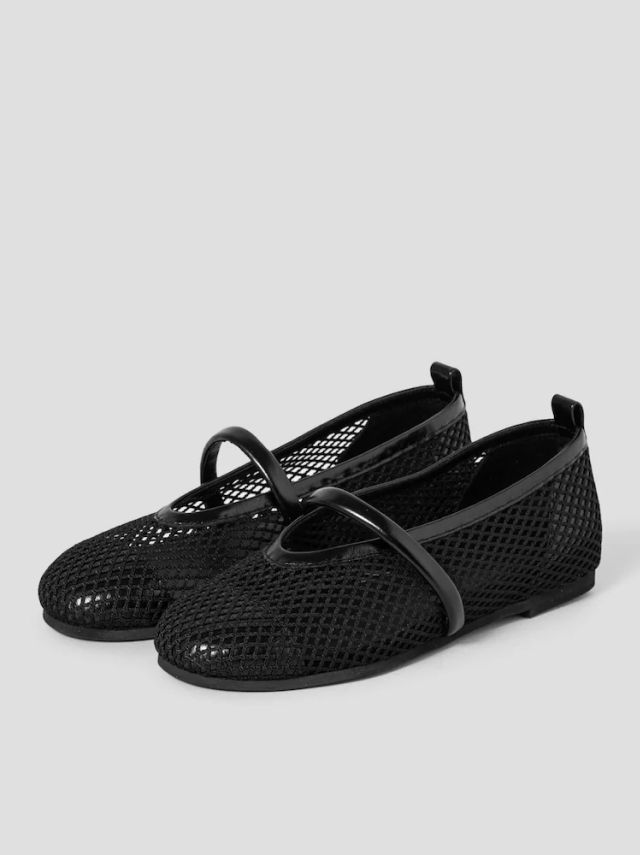 KUHO black mesh ballet flats with glossy cross-strap and rounded toe.