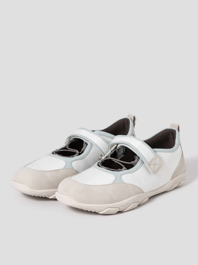 Korean brand 8 seconds and NEGATIVE THREE; beige sporty mary janes with Velcro strap and cushioned sole with an outdoor aesthetic.