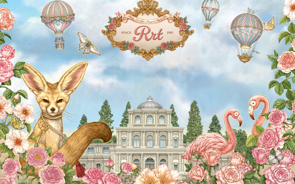 An illustrated dreamscape by artist Daria Song captures the whimsical world of Everland’s Rose Garden Royal High Tea, featuring its signature desert fox, flamingos, and a grand rose castle