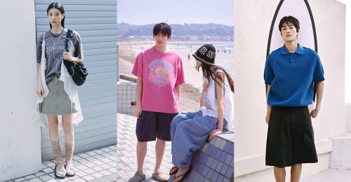 Three models showcase summer looks with sheer layering, wide-leg silhouettes, and breathable knits in soft, neutral tones and bold color.