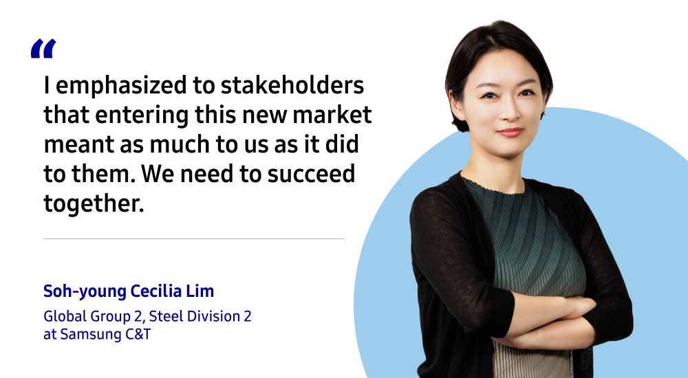A professional quote graphic featuring Soh-young Cecilia Lim from Samsung C&T, standing confidently with folded arms. The quote reads “I emphasized to stakeholders that entering this new market meant as much to us as it did to them. We need to succeed together.”
