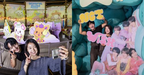Everland visitors snap a selfie in front of NCT WISH-themed character displays at the Championship Rodeo attraction. Right: The same visitors pose with an “NCT WISH” sign in front of group cutouts in the photo zone.