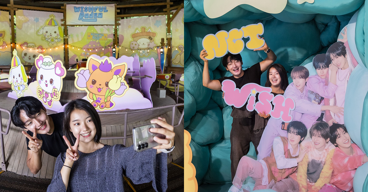 Everland visitors snap a selfie in front of NCT WISH-themed character displays at the Championship Rodeo attraction. Right: The same visitors pose with an “NCT WISH” sign in front of group cutouts in the photo zone.