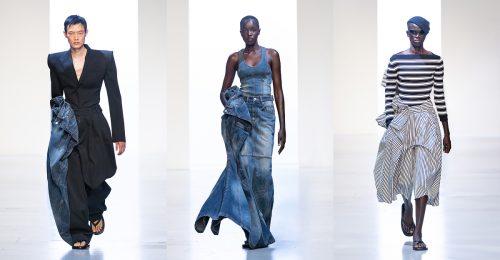 From left to right, models showcase key looks from Juun.J’s 26SS collection. The first wears a sharp tailored black blazer and voluminous trousers with raw denim accents. The second presents a structured denim dress paired with deconstructed denim detailing. The third wears a striped off-shoulder top and voluminous striped skirt, styled with a beret and sunglasses for a modern nautical twist.
