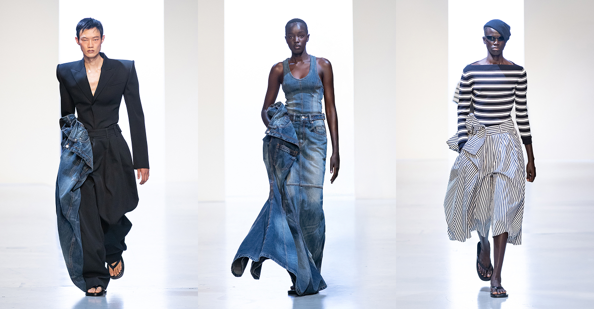 From left to right, models showcase key looks from Juun.J’s 26SS collection. The first wears a sharp tailored black blazer and voluminous trousers with raw denim accents. The second presents a structured denim dress paired with deconstructed denim detailing. The third wears a striped off-shoulder top and voluminous striped skirt, styled with a beret and sunglasses for a modern nautical twist.