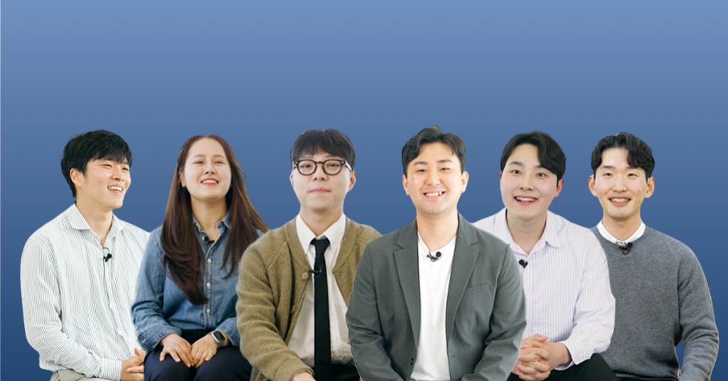 Group of six Samsung C&T employees in construction-related roles, seated against a blue background.