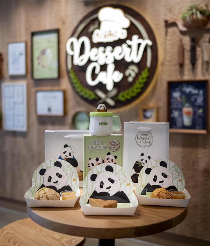 Three panda-themed dessert trays featuring roll cakes and drinks are displayed on a round café table. Behind them, a reusable cup with a small panda figure on top and a boxed dessert set are arranged in front of a wooden wall with the Dessert Café logo.