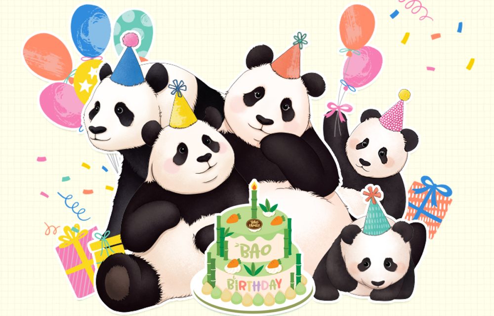 The invitation for Everland's "Bao Family Birthday Festa," featuring illustrated images of the five Bao family pandas sitting around together wearing birthday party hats, surrounded by present boxes and balloons.