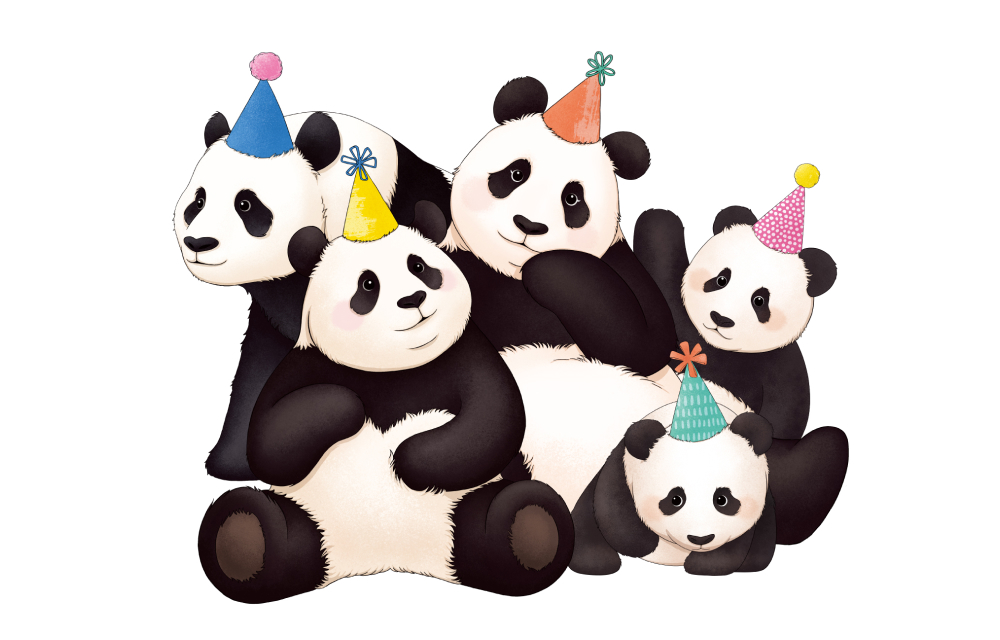 The invitation for Everland's "Bao Family Birthday Festa," featuring illustrated images of the five Bao family pandas sitting around together wearing birthday party hats, surrounded by present boxes and balloons.
