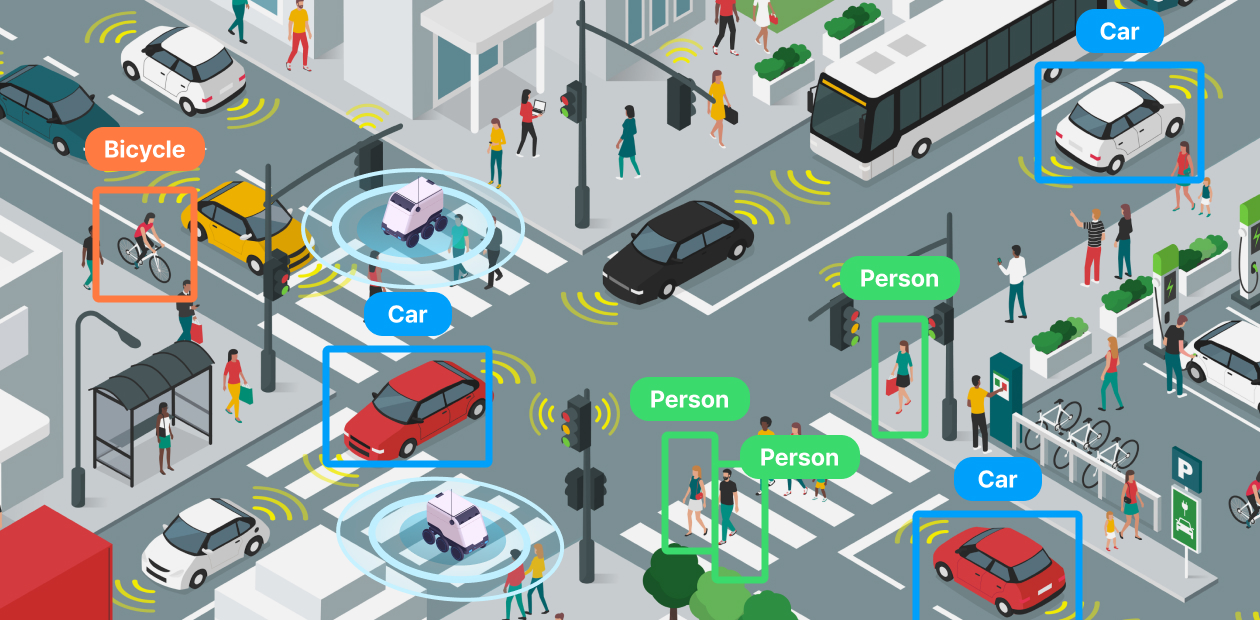 An illustration of a bustling urban scene featuring cars and pedestrians with delivery robots equipped with cameras and sensors, skillfully navigating around obstacles including people and traffic lights.