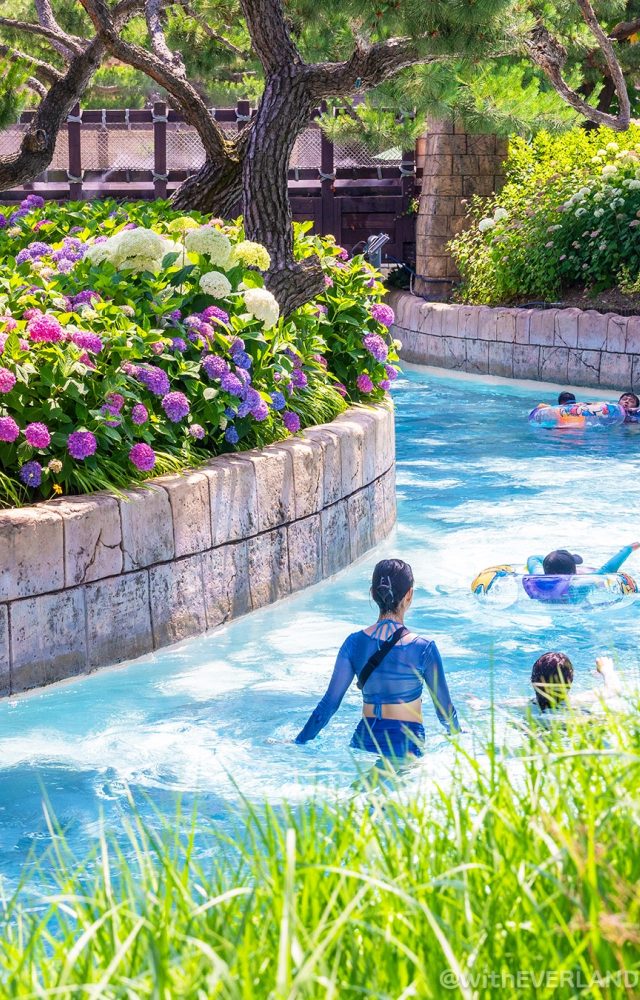 Guests float and walk along the lazy river in a water park in South Korea called Caribbean Bay
