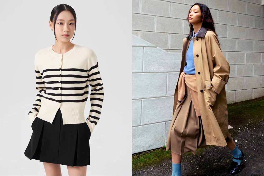 A split editorial image featuring two models. On the left, a model wears a striped ivory cardigan by 8 Seconds, styled with a black pleated mini skirt, hands in her pockets. On the right, another model walks confidently in a Kuho Plus trench coat layered over a blue top and beige wide-leg trousers, with a light beige sweater tied around her waist.