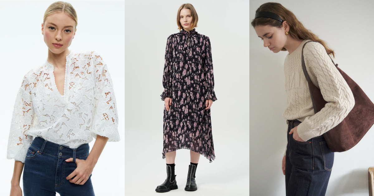 A triptych of fashion images; left image: a model wears a long-sleeved black midi dress with a pink floral print on it with ruffled details paired with black leather boots, center: a woman stands with her hand tucked into the belt loop of her high-waisted jeans while wearing a white lace boho-chic style top; right image: a model looks down at the ground with her hand in her pocket while wearing an oatmeal colored cable knit sweater and jeans with a brown sueded hobo bag on her shoulder.