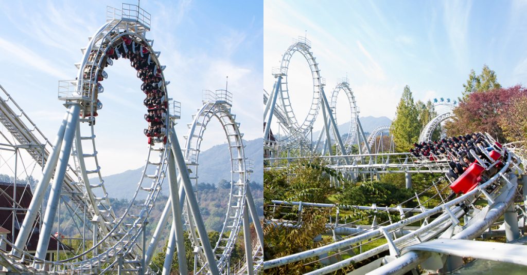 Left image: A roller coaster train is suspended upside down in one of Everland’s Rolling X-Train's 360-degree loop-the-loops. In the background are tree-covered mountains. Right image: A train full of thrill-seeking adventurers come to the end of their Rolling X-Train roller coaster ride during the fall season at Everland.