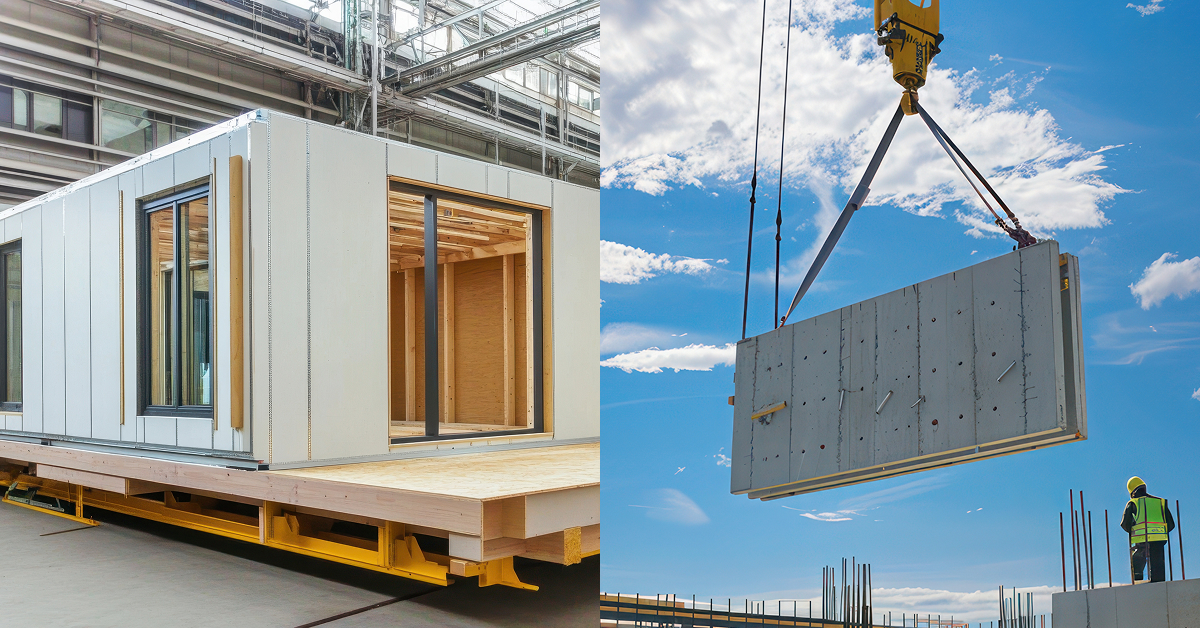 Side-by-side images of off-site construction: on the left, a prefabricated modular housing unit is assembled inside a factory. On the right, a large precast concrete panel is being lifted by a crane at a construction site, demonstrating the integration of off-site manufacturing and on-site assembly.