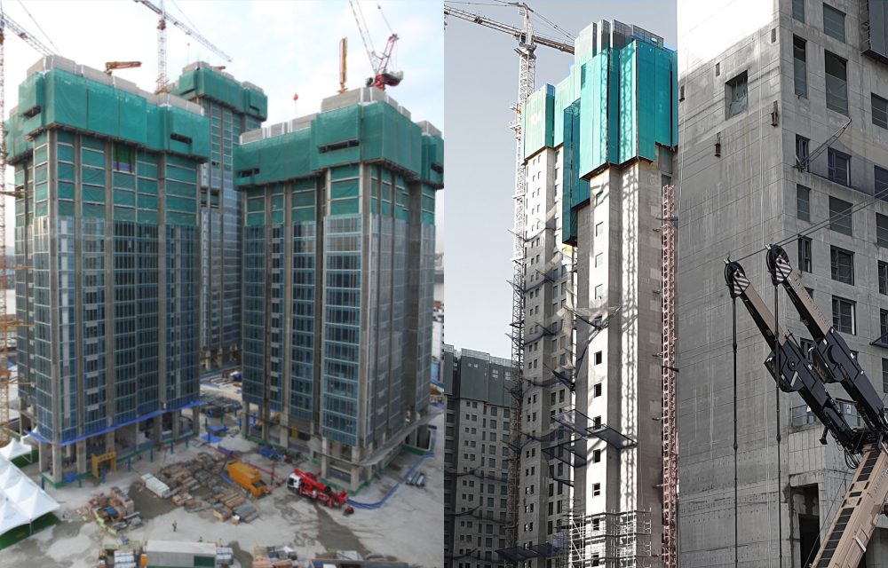 A construction site at the Raemian One Bailey apartment complex in Seoul, featuring green vertical safety netting on the building exterior. This netting, designed to prevent debris from falling, is later upcycled into accessories like bags and pouches as part of Samsung C&T E&C Group’s sustainability efforts.