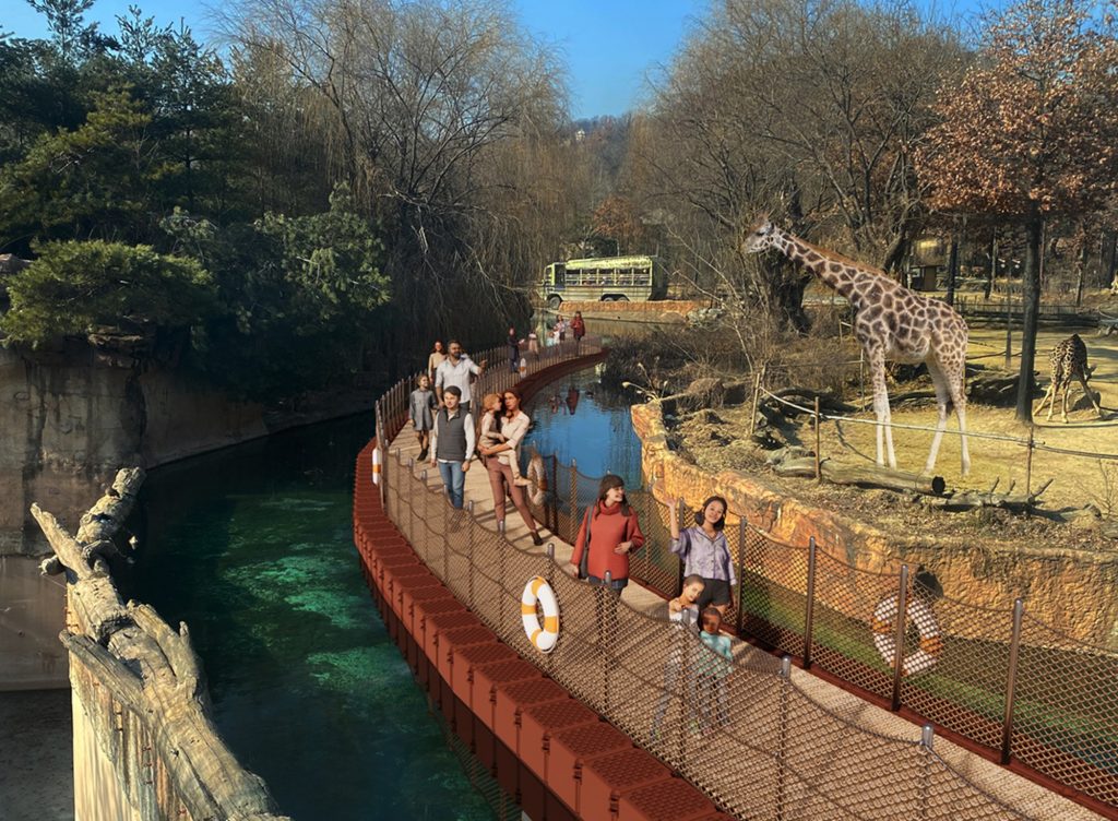 A promotional rendering of Everland’s River Trail Adventure, depicting a floating bridge with visitors walking above water, surrounded by giraffes and nature.