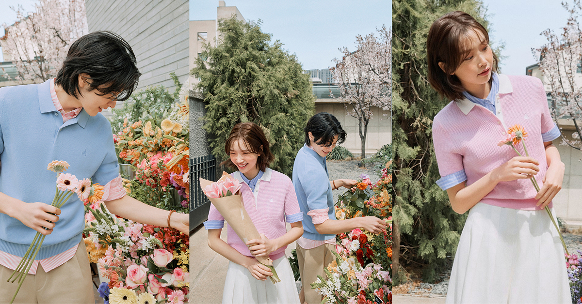 A triptych image featuring two models interacting with vibrant spring flowers while wearing pastel-toned knit polos layered over collared shirts. The scene highlights the light, breathable aesthetic of Beanpole’s SolSol Knit collection.