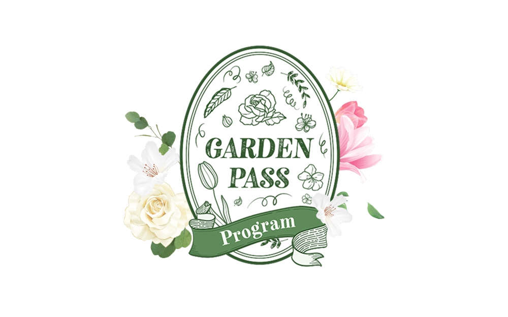 Everland’s Garden Pass Program logo featuring floral illustrations and decorative text.