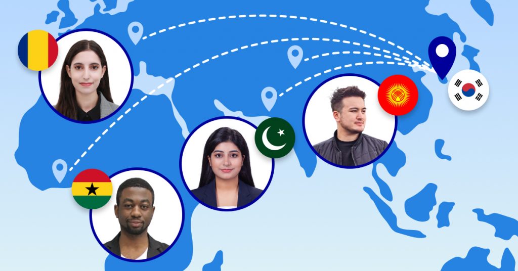 A digital illustration showing Samsung C&T E&C employees from various countries (Romania, Ghana, Pakistan, Kyrgyzstan) connected to South Korea, symbolizing cross-border collaboration in global projects.
