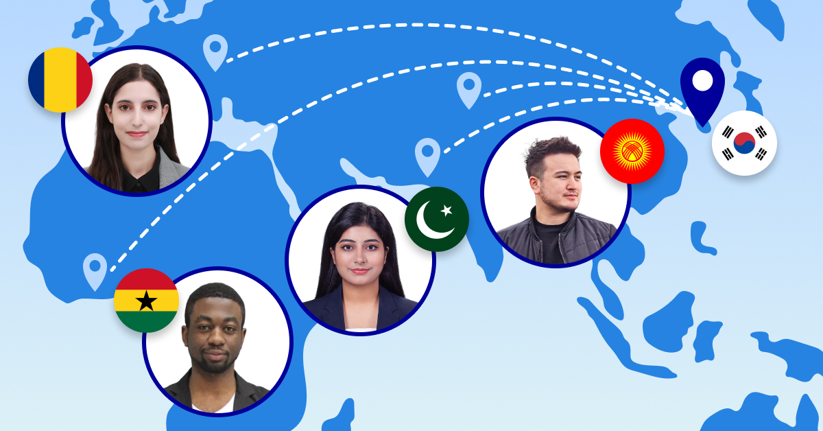 A digital illustration showing Samsung C&T E&C employees from various countries (Romania, Ghana, Pakistan, Kyrgyzstan) connected to South Korea, symbolizing cross-border collaboration in global projects.