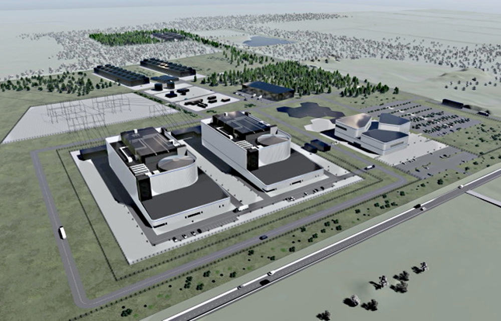 Digital rendering of a two-unit BWRX-300 SMR power plant layout by Fermi Energia, showing reactor buildings, support facilities, and surrounding infrastructure.