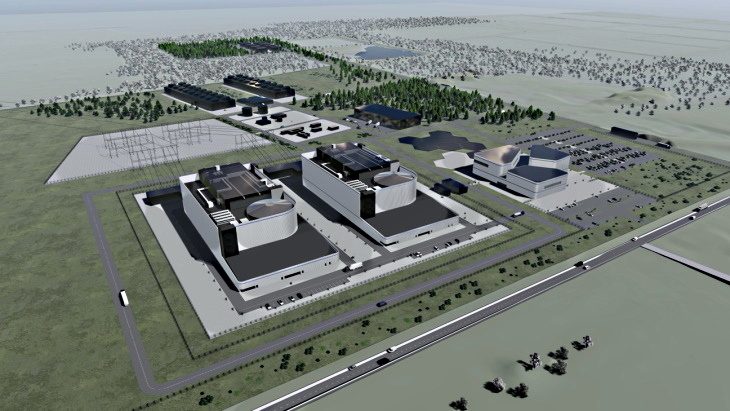 Digital rendering of a two-unit BWRX-300 SMR power plant layout by Fermi Energia, showing reactor buildings, support facilities, and surrounding infrastructure.